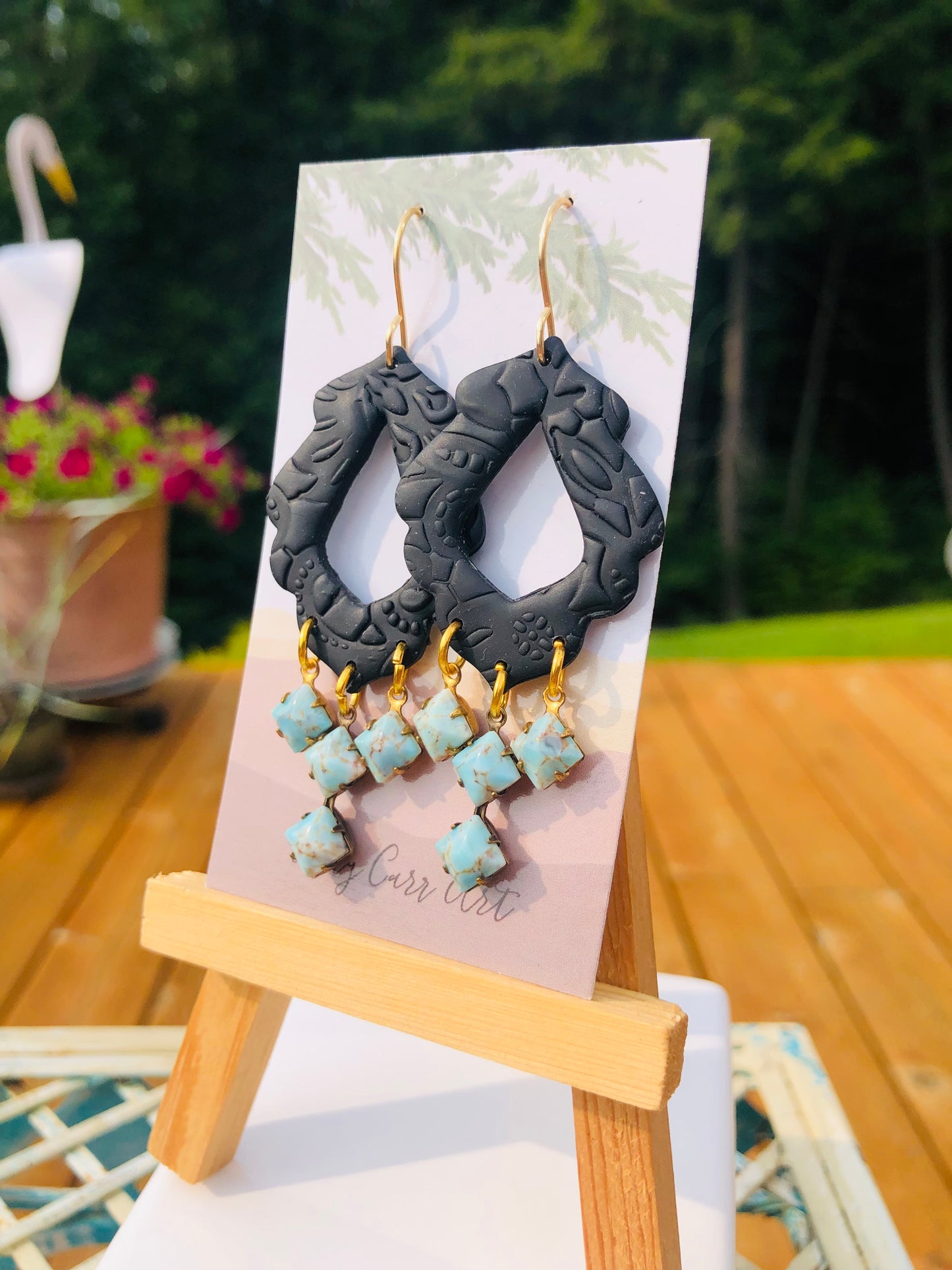 Statement Black Clay,Gold, and Turquoise Dangle Earrings