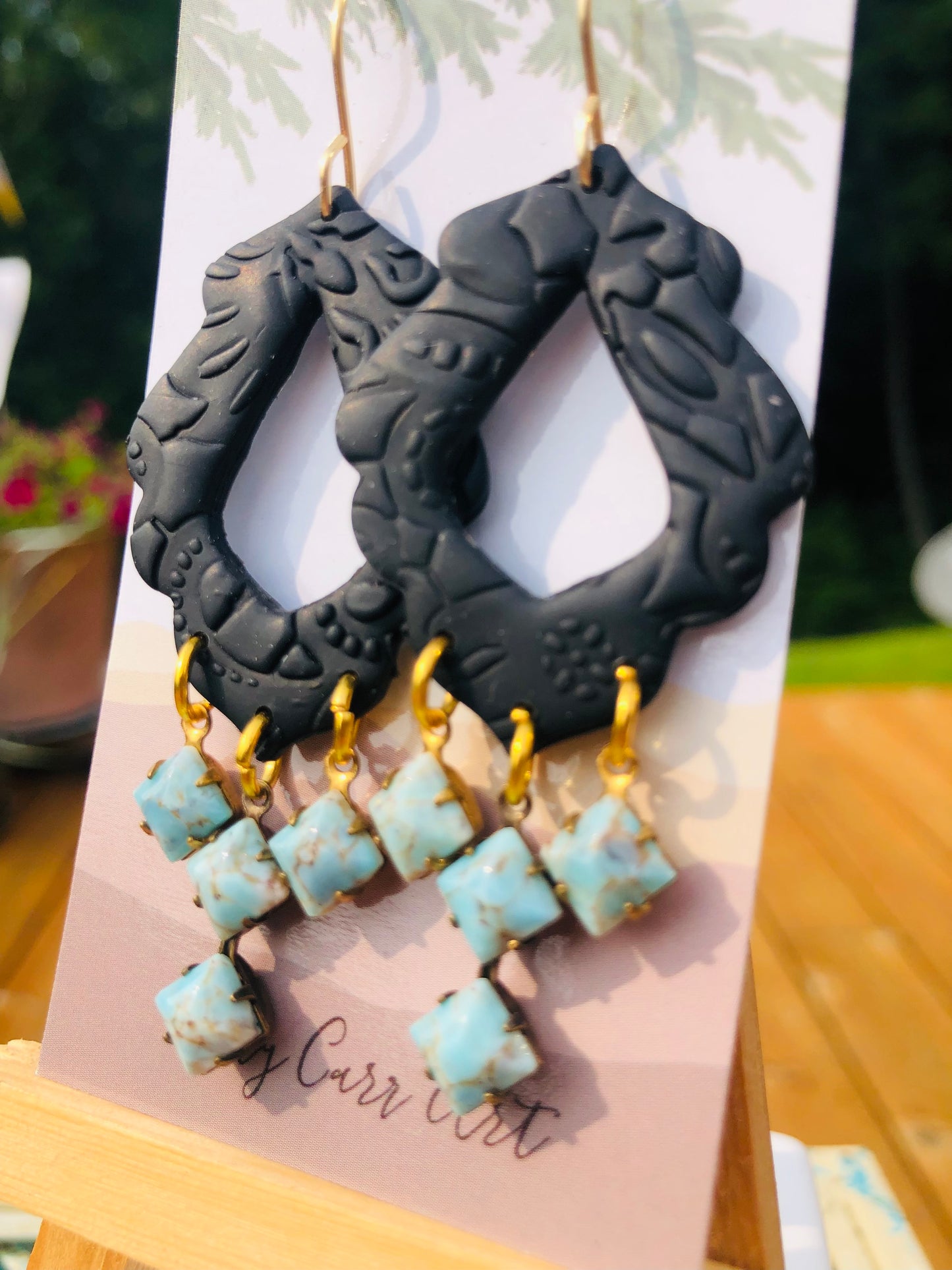 Statement Black Clay,Gold, and Turquoise Dangle Earrings