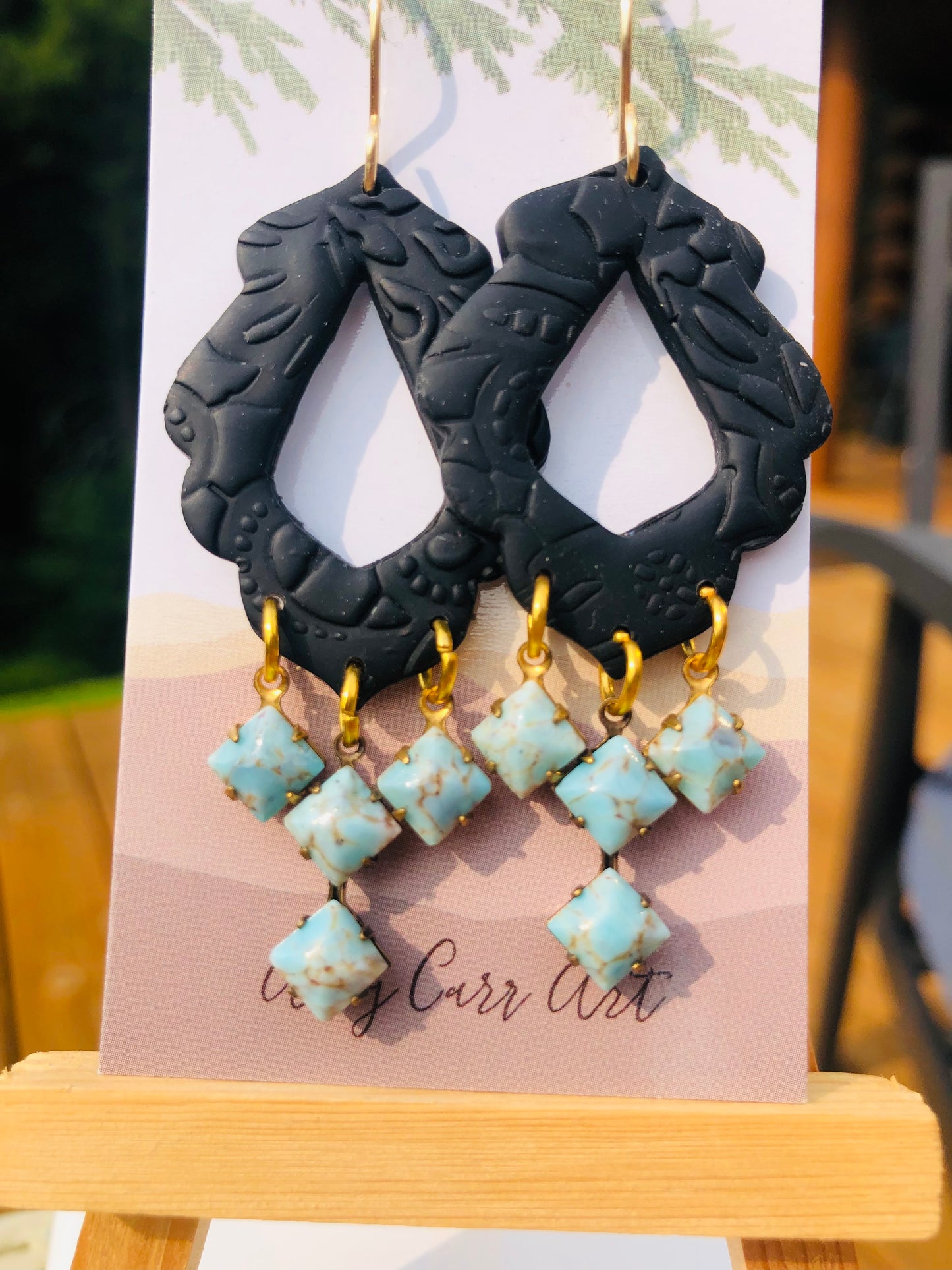 Statement Black Clay,Gold, and Turquoise Dangle Earrings
