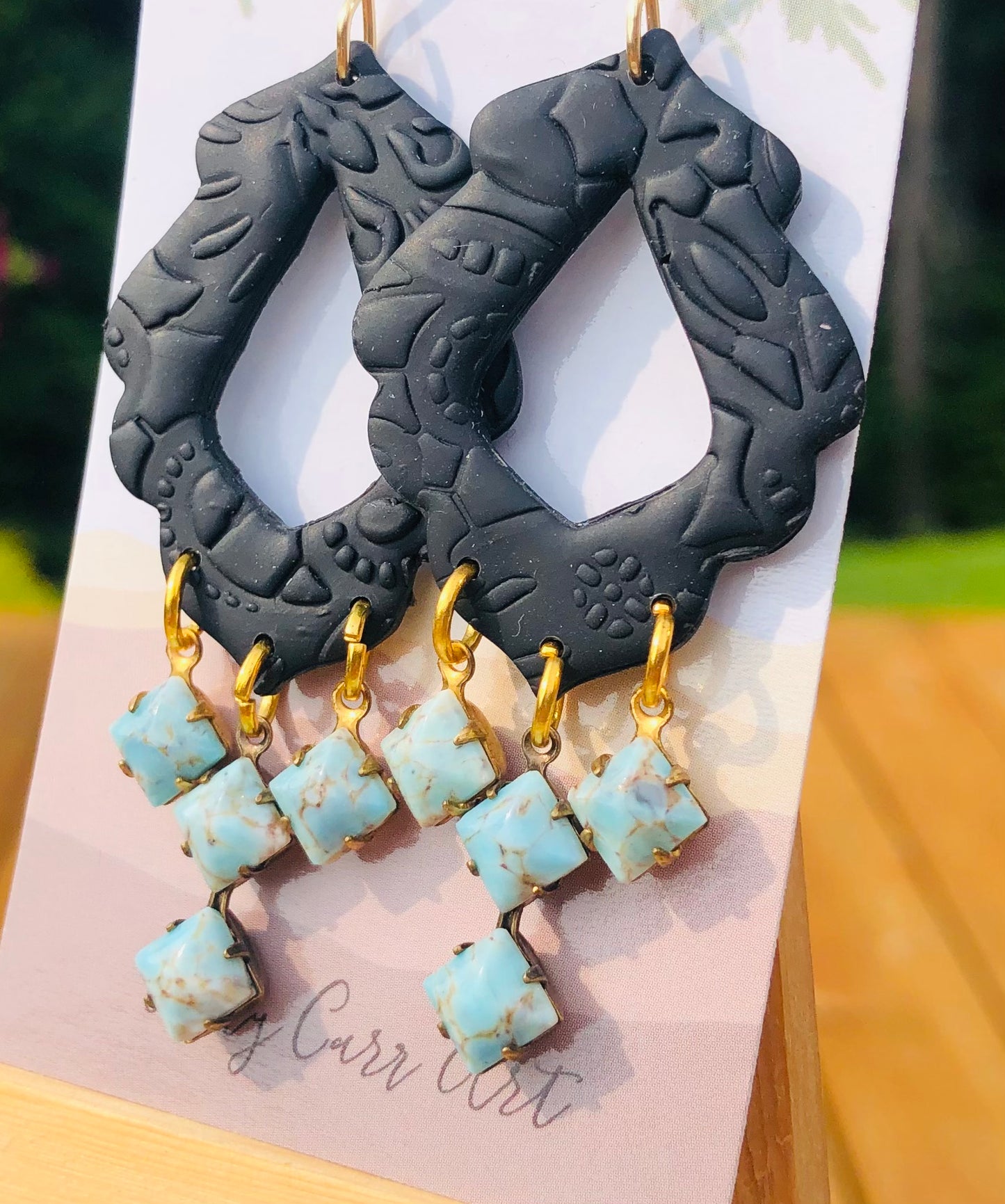 Statement Black Clay,Gold, and Turquoise Dangle Earrings