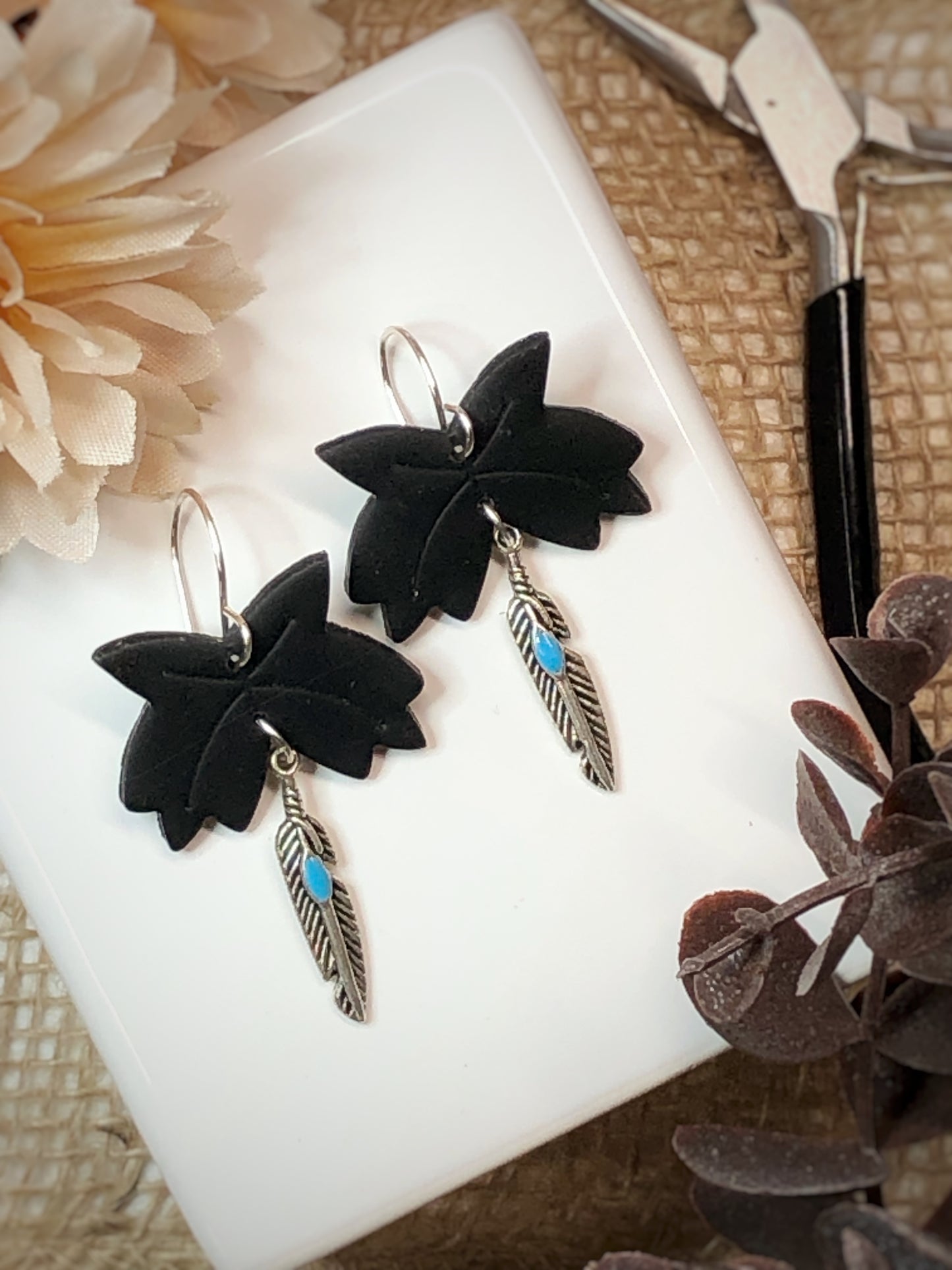 Black Bohemian & Silver Feather Earrings