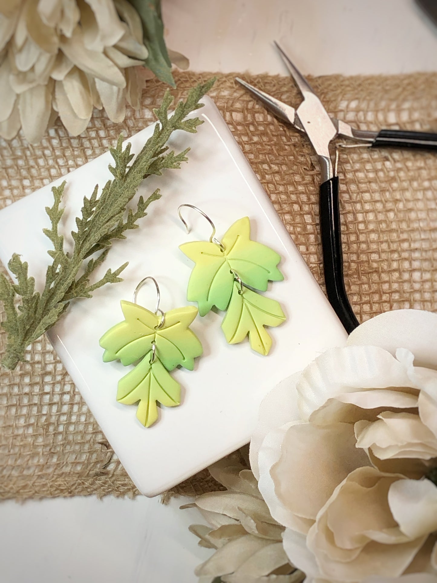 Maple Leaf Green Polymer Clay Dangle Earrings