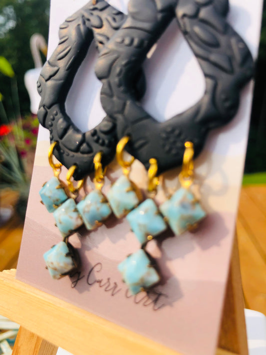 Statement Black Clay,Gold, and Turquoise Dangle Earrings