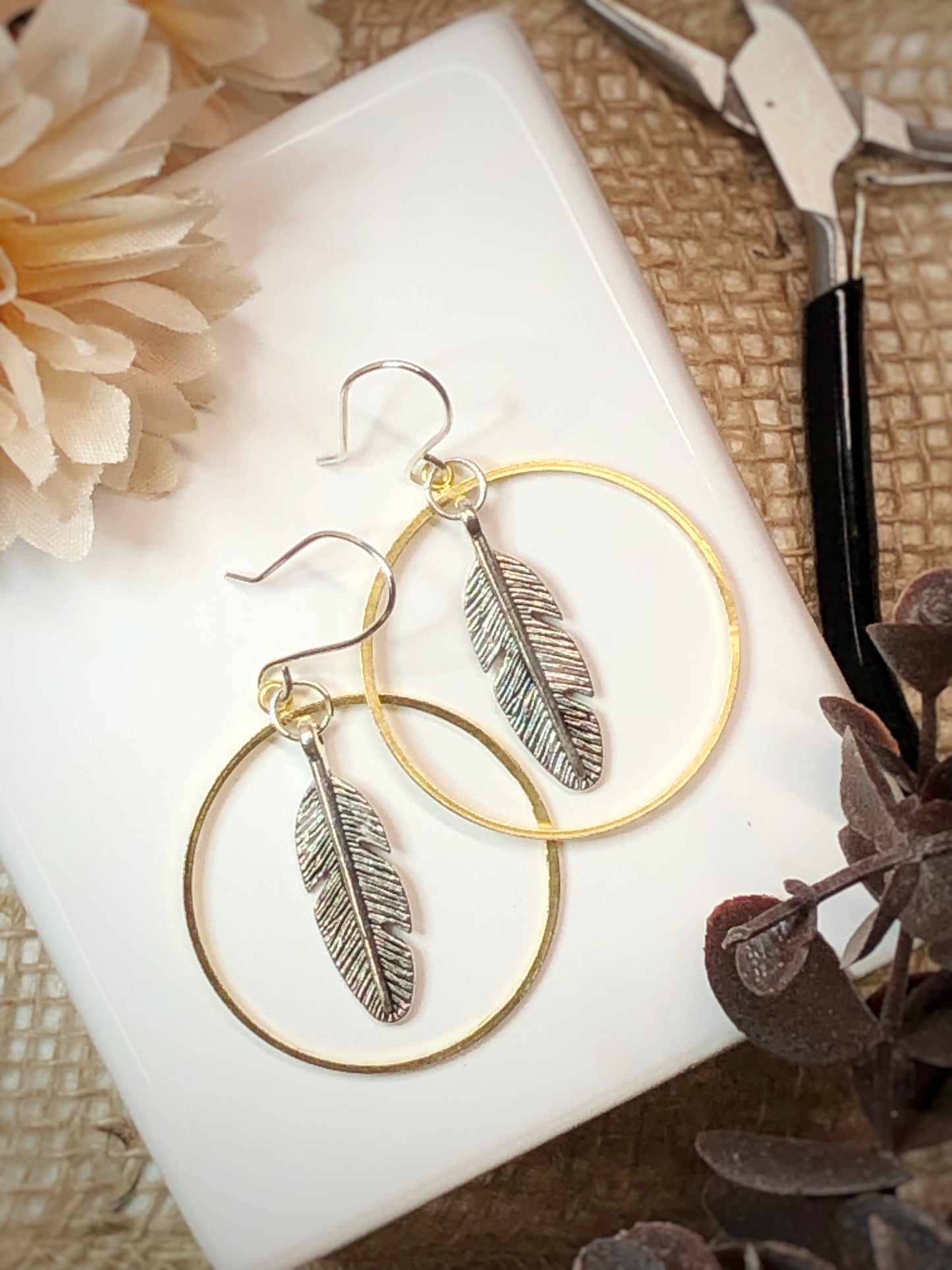 Brass Circle & Feather Earrings