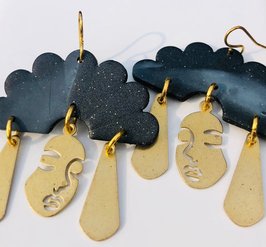 Funky Statement Black Clay and Gold Goddess Dangle Earrings