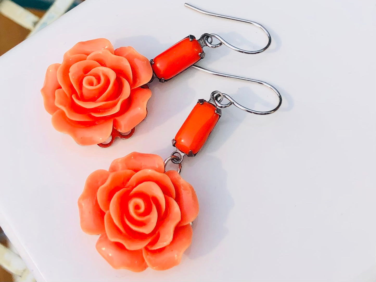 Bright Creamy Orange Flower Dangle Earrings with Vintage Stone Drop Stones