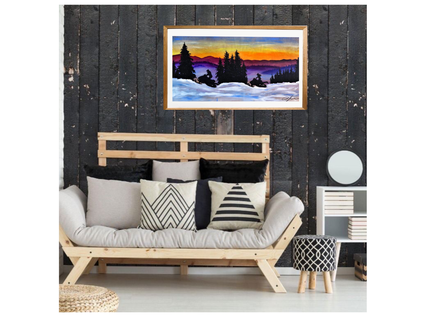 Sunset Snowmobiles, Vermont Snowmobile Art, Winter Painting, Snowmobile