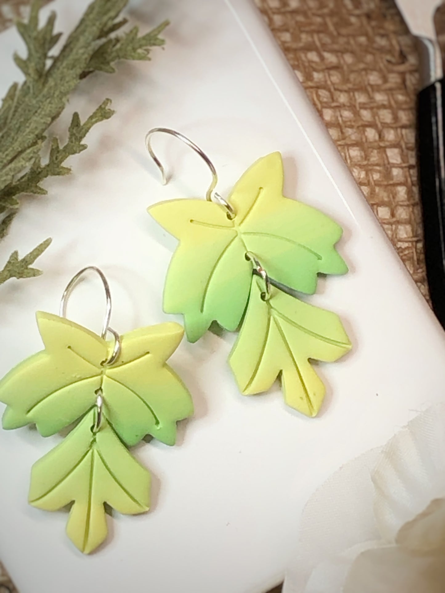 Maple Leaf Green Polymer Clay Dangle Earrings