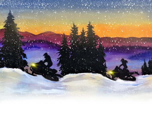 Sunset Snowmobiles, Vermont Snowmobile Art, Winter Painting, Snowmobile