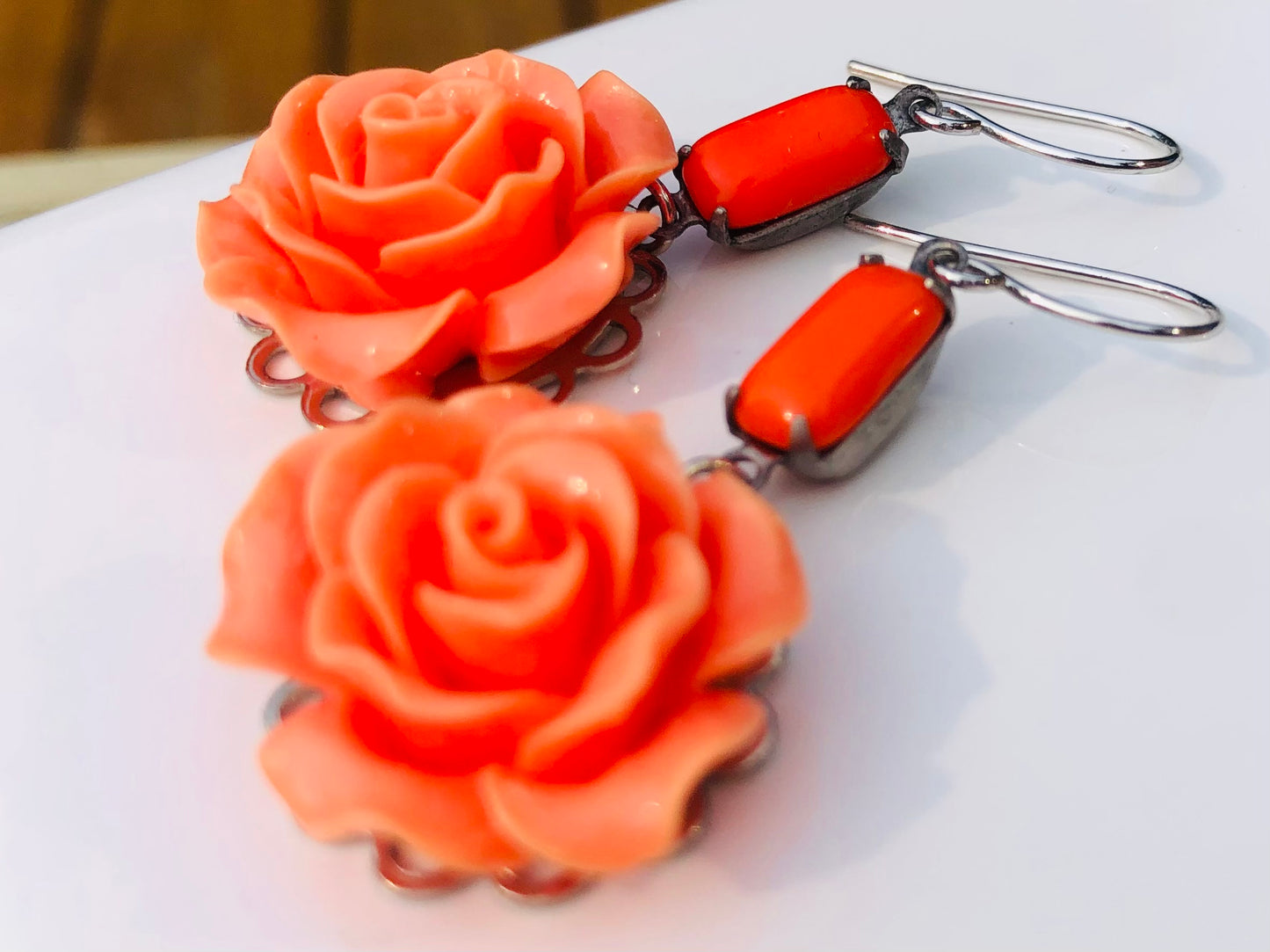 Bright Creamy Orange Flower Dangle Earrings with Vintage Stone Drop Stones