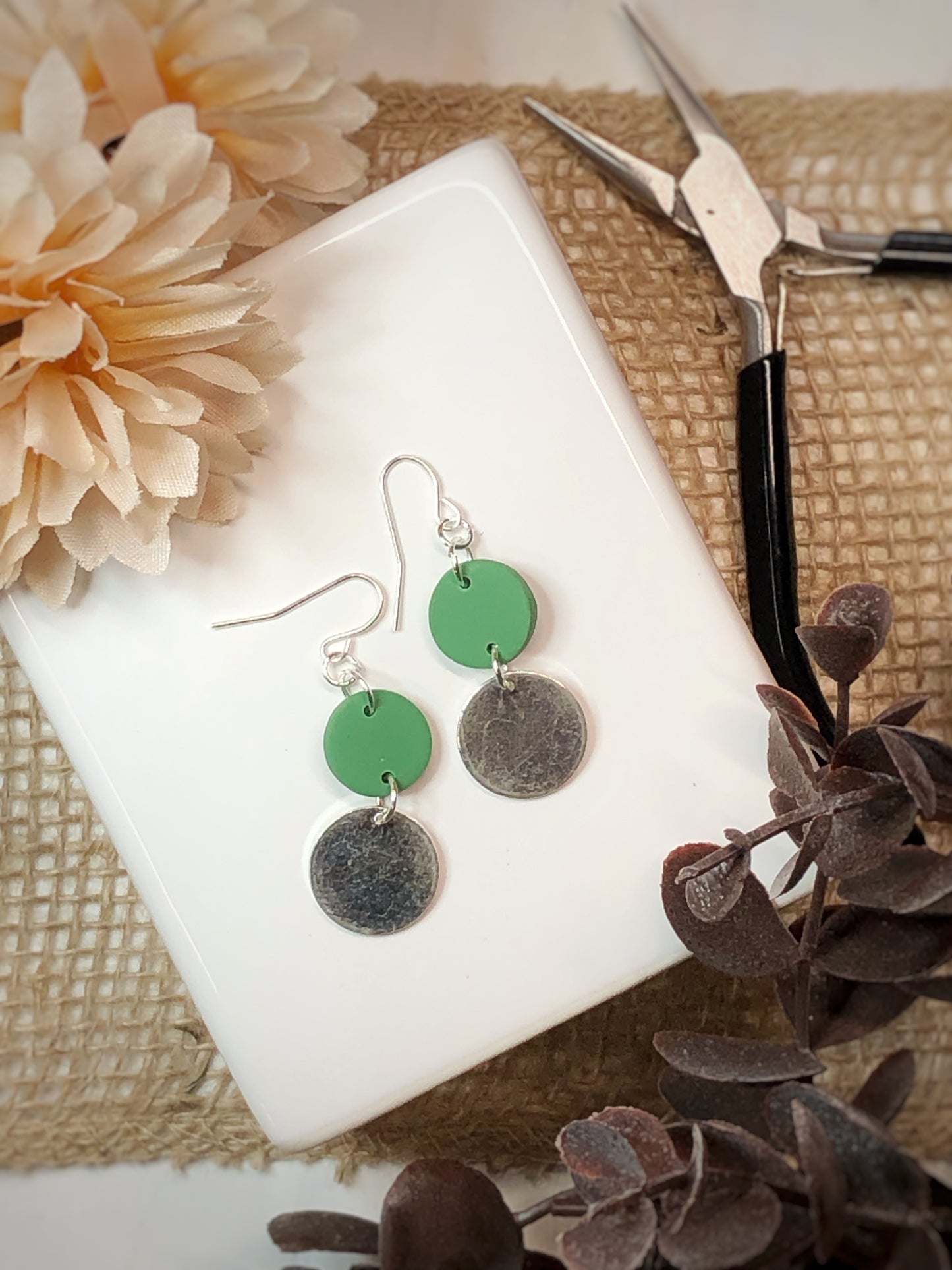 Green Circle & Silver Polymer Clay Earrings