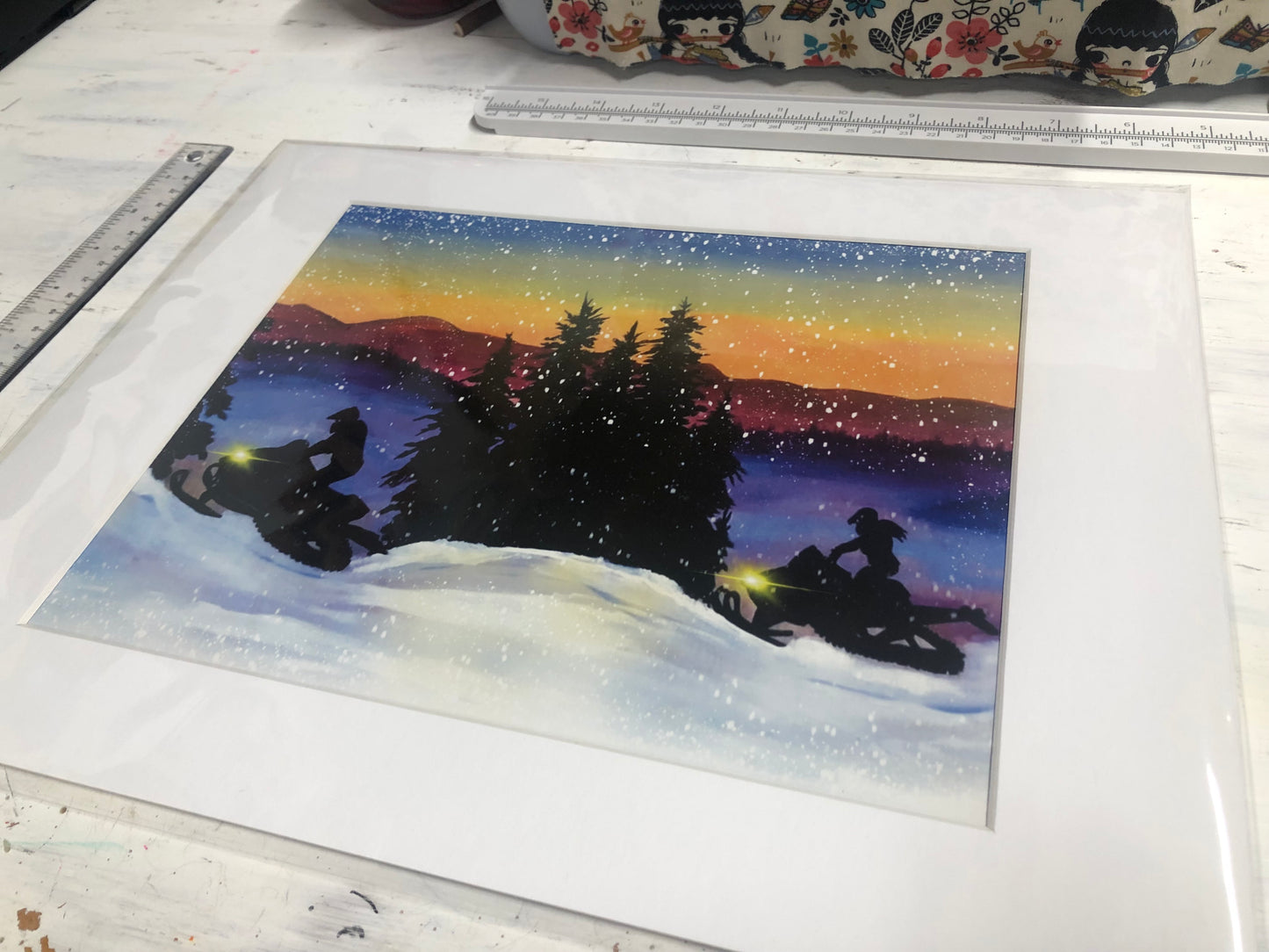 Sunset Snowmobiles, Vermont Snowmobile Art, Winter Painting, Snowmobile