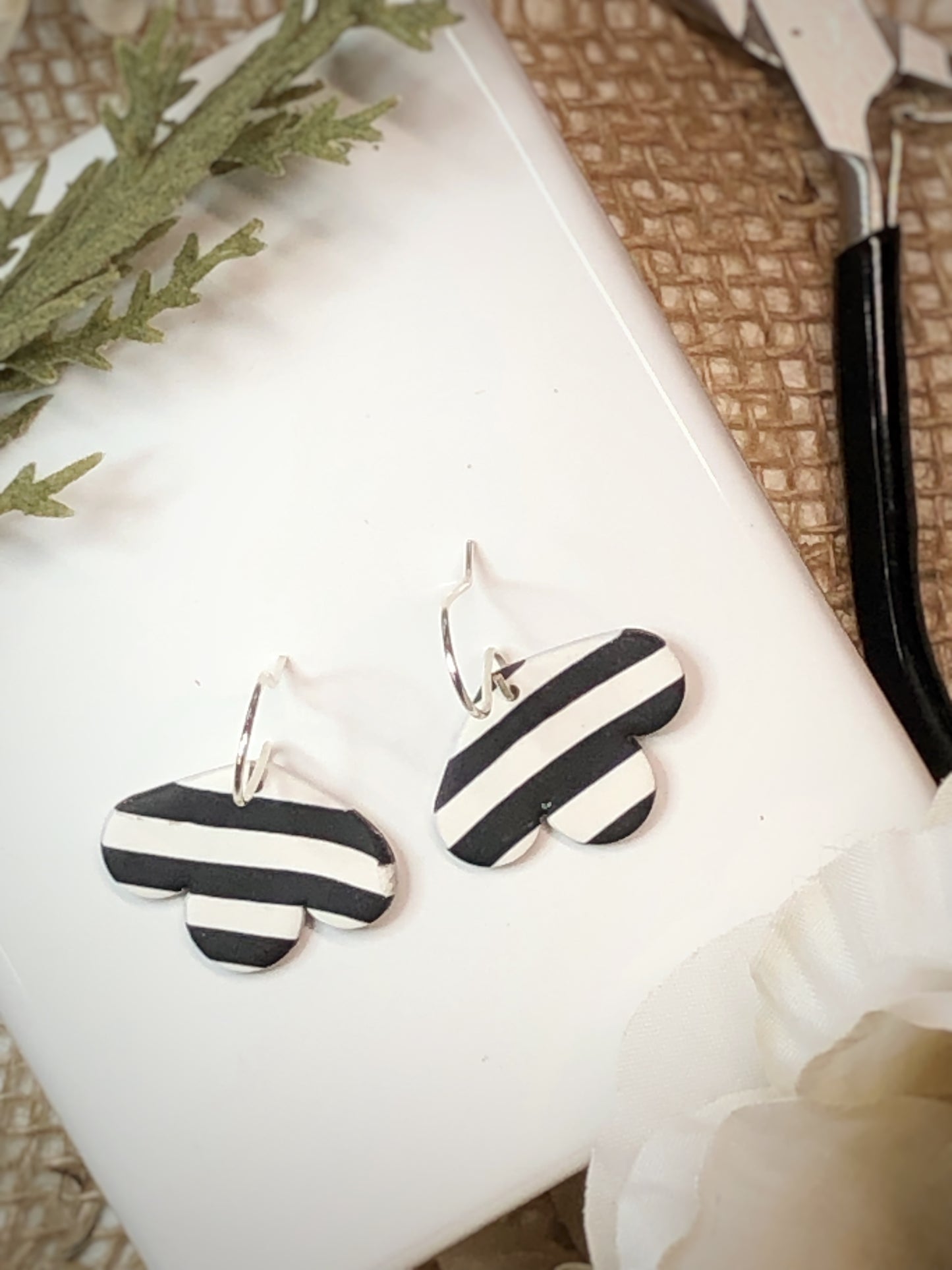 Black and White Striped Silver Earrings