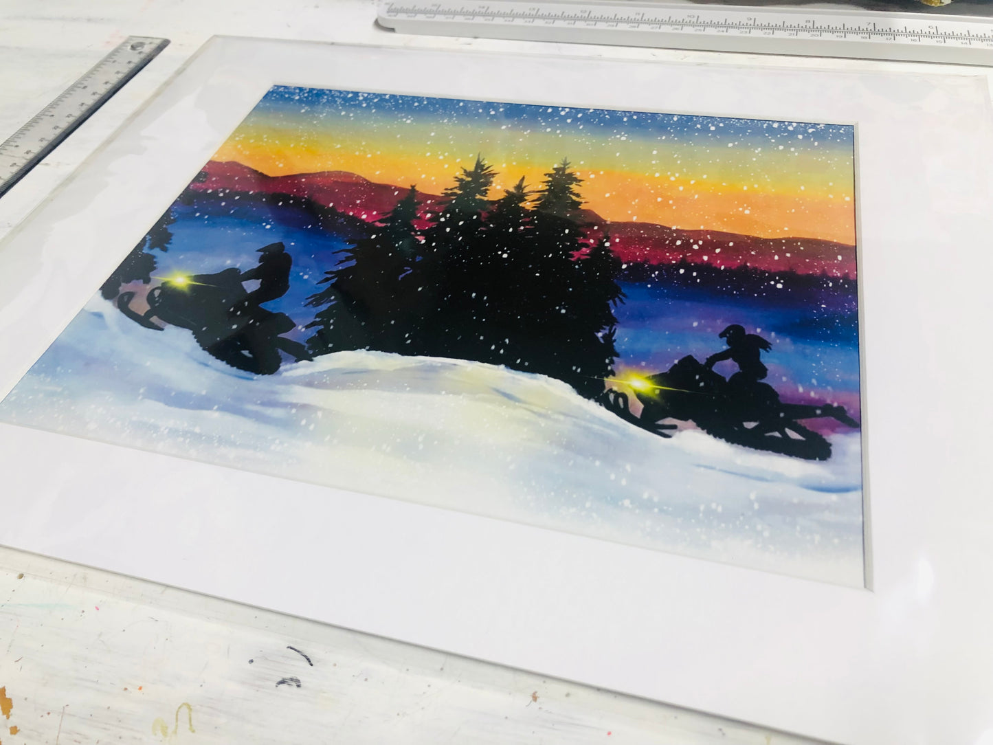 Sunset Snowmobiles, Vermont Snowmobile Art, Winter Painting, Snowmobile