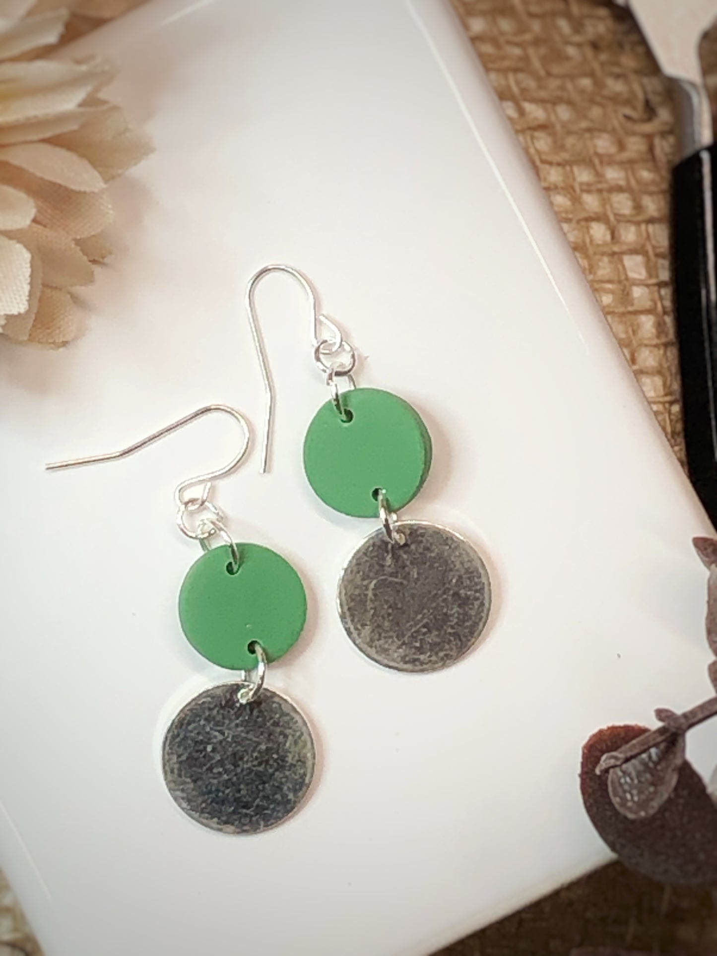 Green Circle & Silver Polymer Clay Earrings