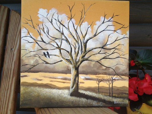 “Gold Sky” prints, two crows painting, Tree art, whimsical painting,