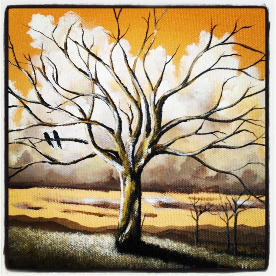 “Gold Sky” prints, two crows painting, Tree art, whimsical painting,