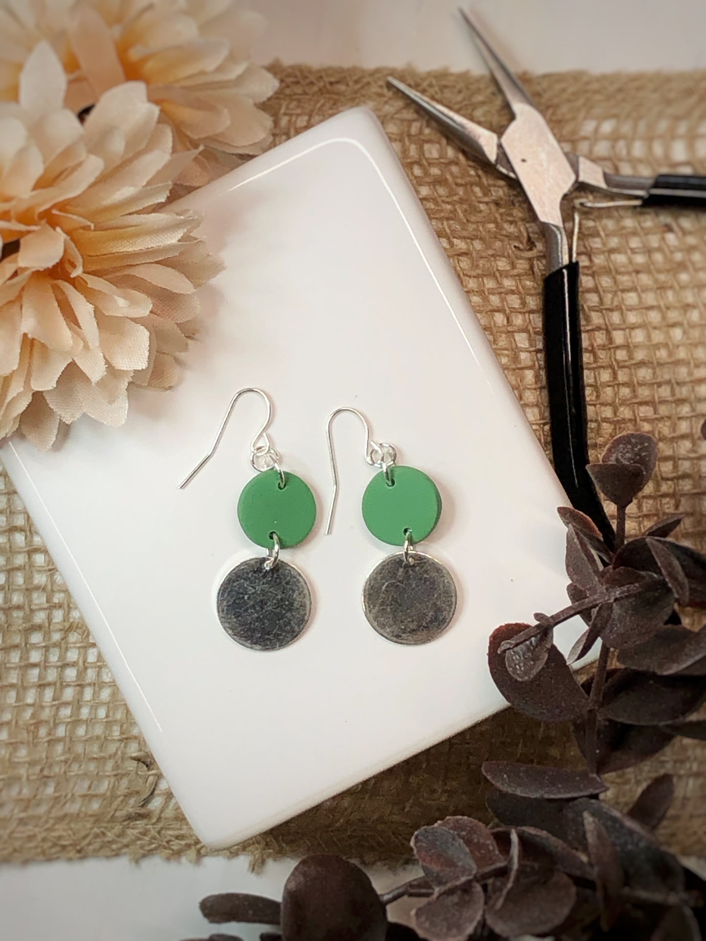 Green Circle & Silver Polymer Clay Earrings