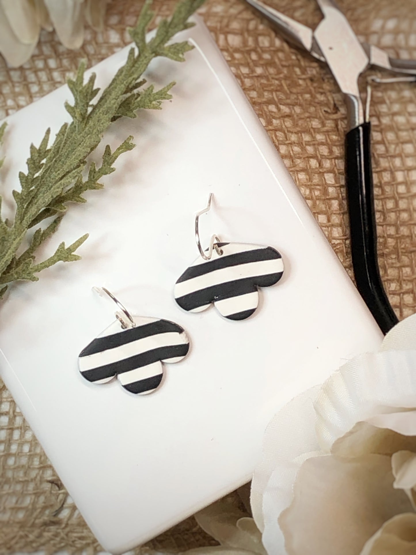 Black and White Striped Silver Earrings