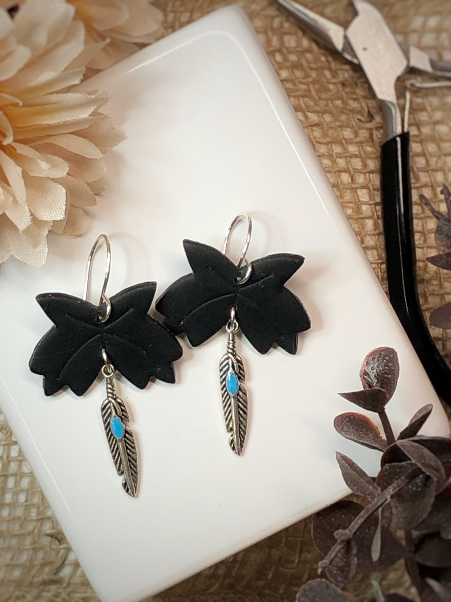 Black Bohemian & Silver Feather  Earrings