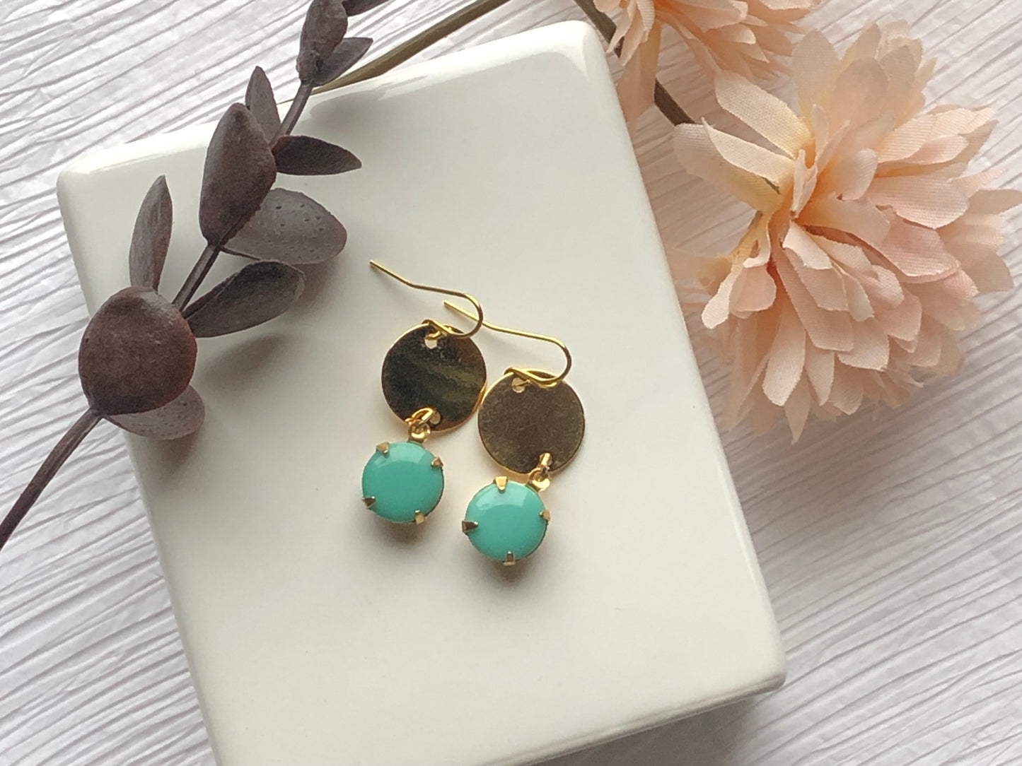 Circle Brass Earrings with Turquoise Vintage Glass Stone