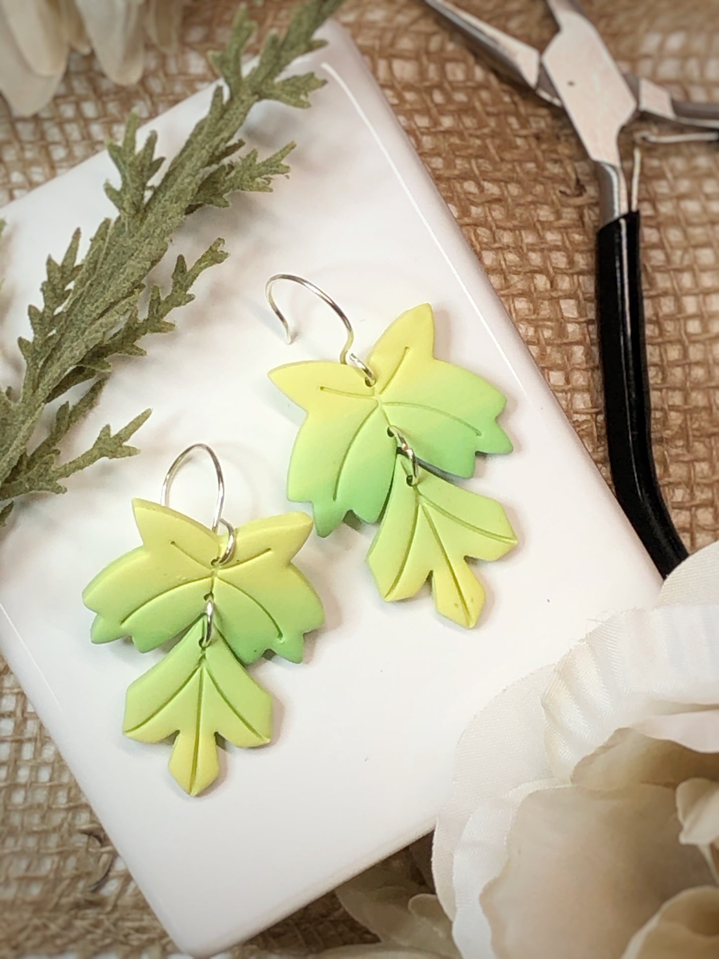 Maple Leaf Green Polymer Clay Dangle Earrings