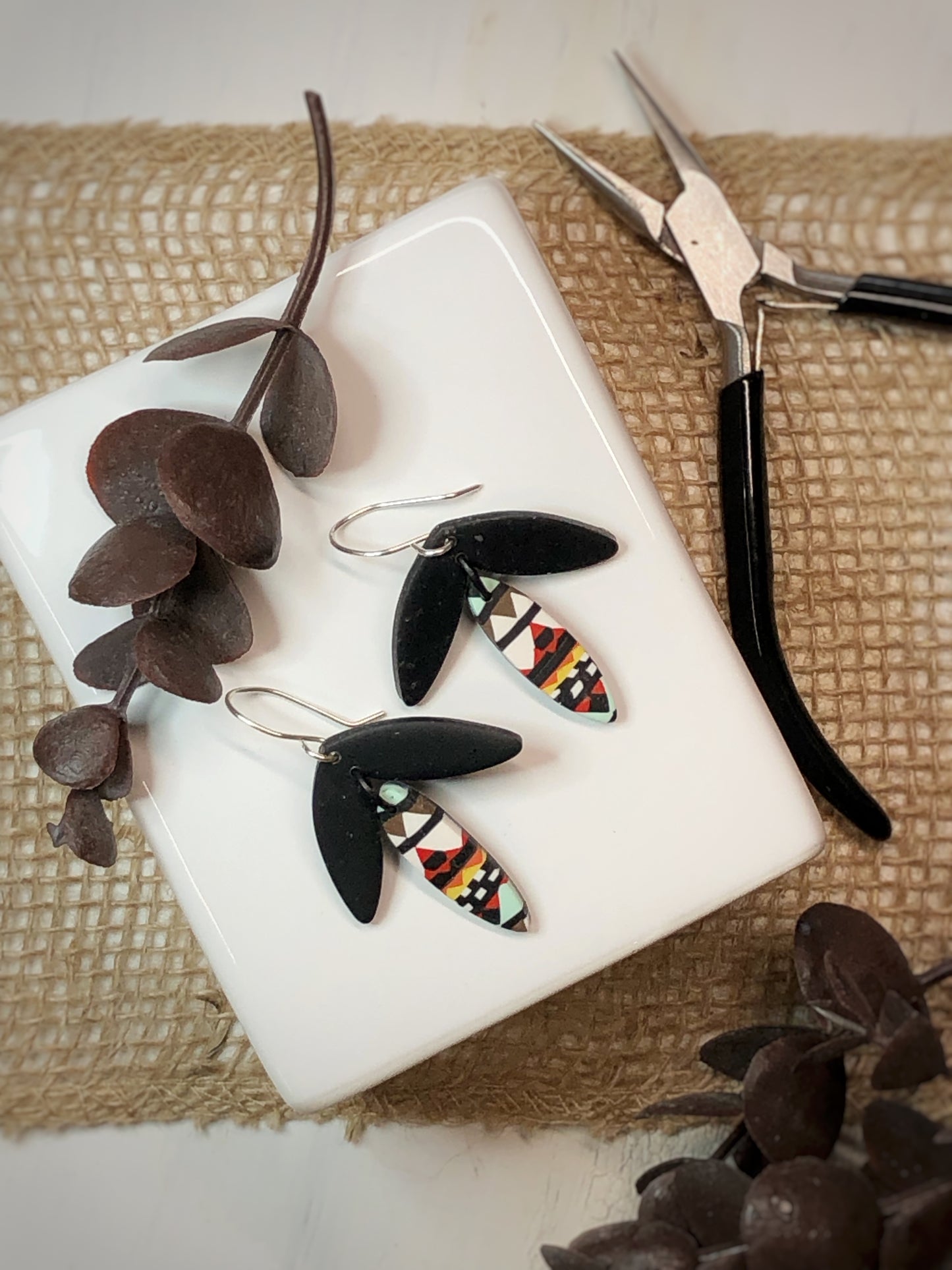 Tribal Black Bohemian & Silver Polymer Clay Earrings