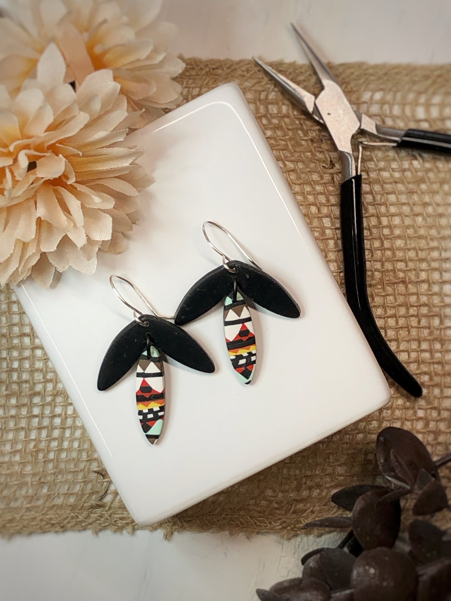 Tribal Black Bohemian & Silver Polymer Clay Earrings