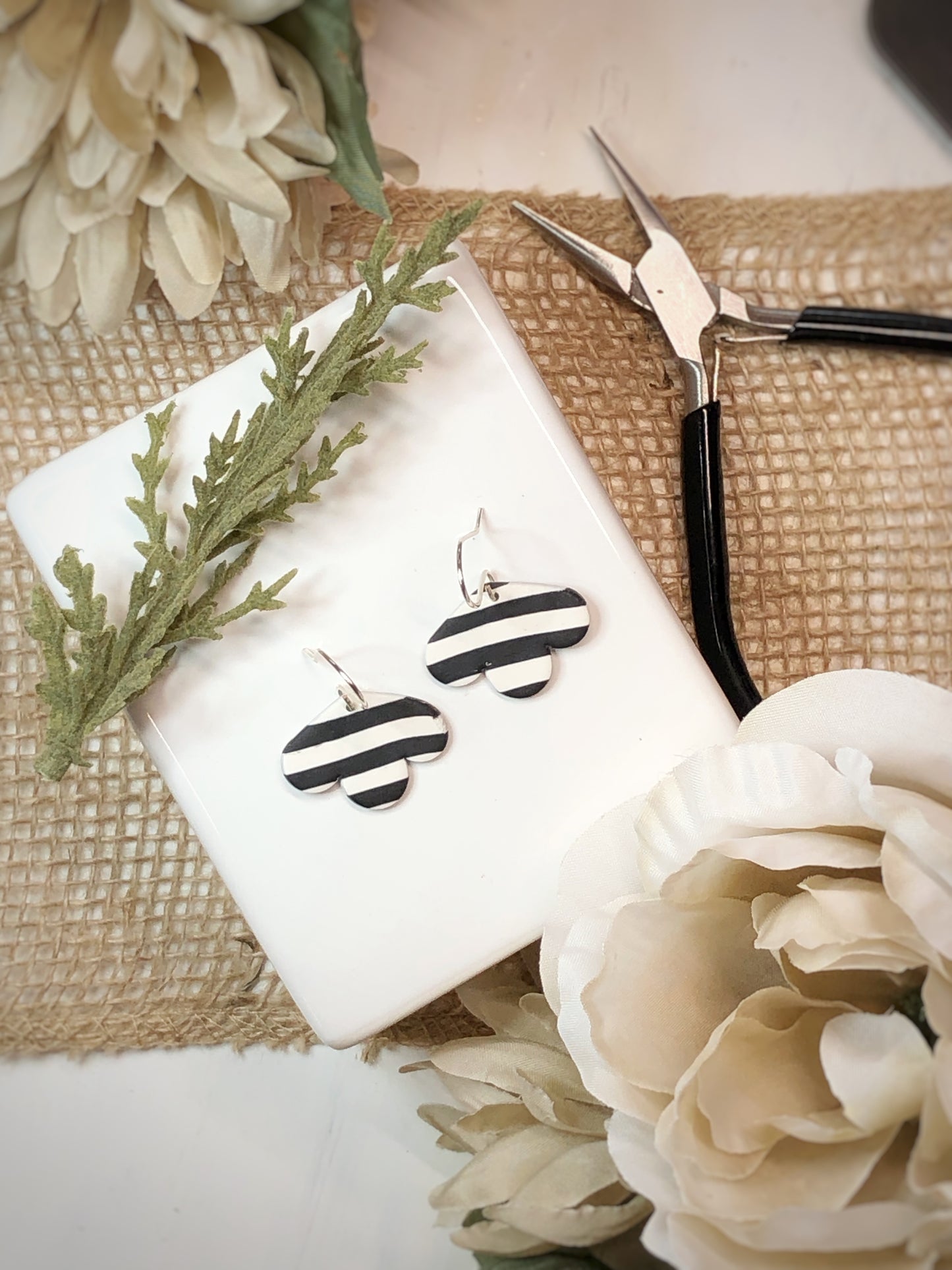 Black and White Striped Silver Earrings