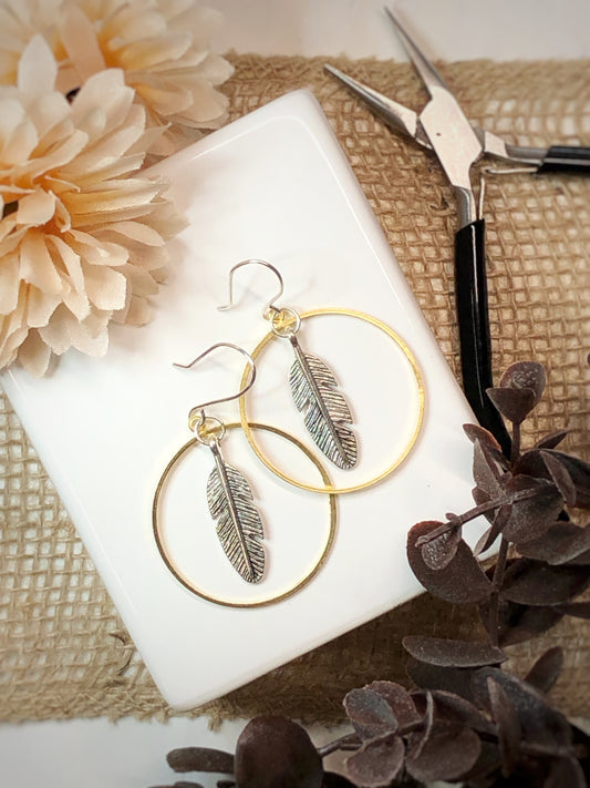 Brass Circle & Feather Earrings