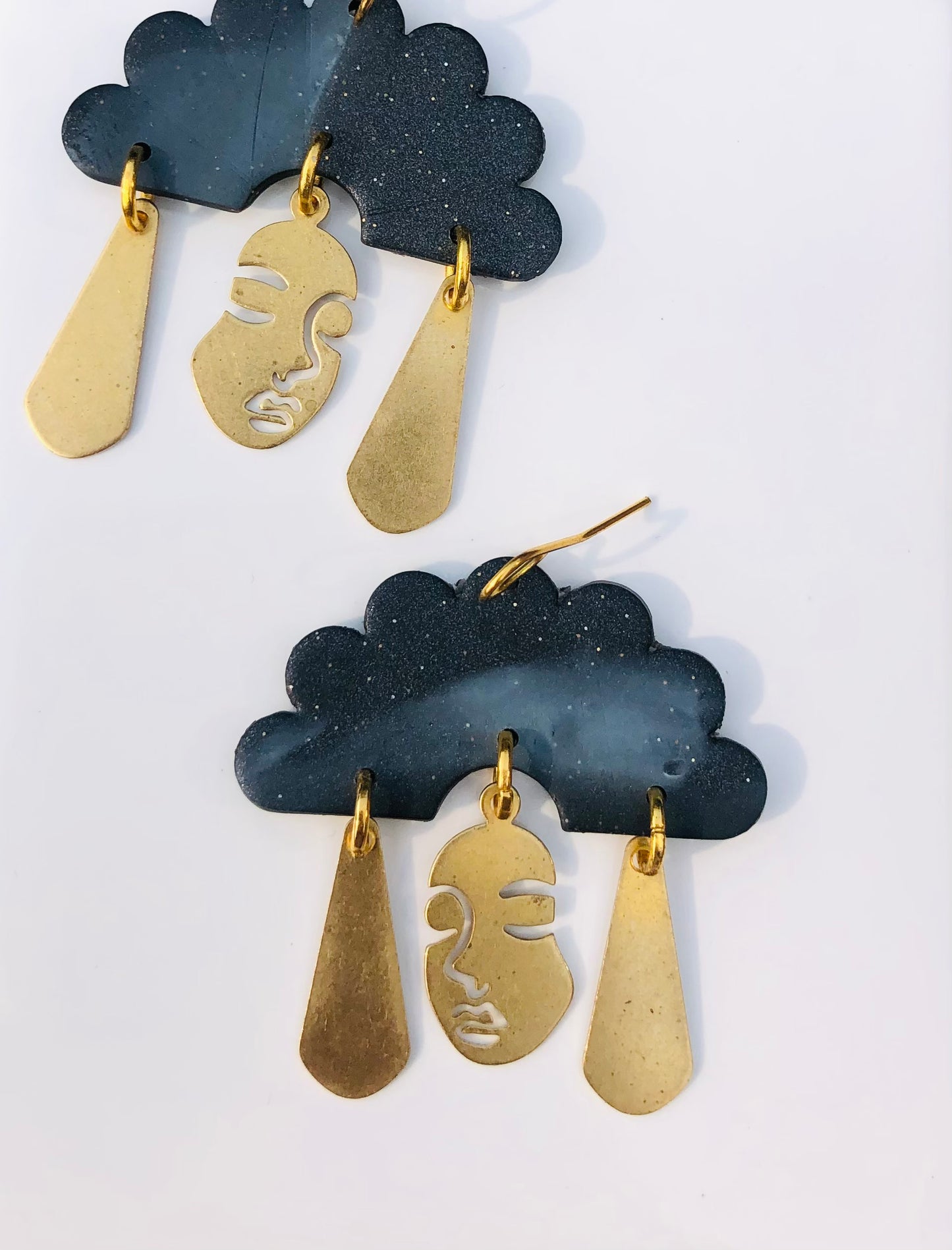 Funky Statement Black Clay and Gold Goddess Dangle Earrings