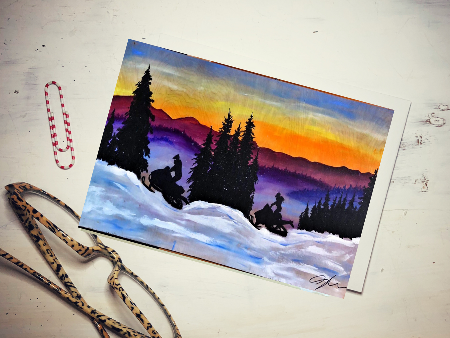 Sunset Snowmobiles, Vermont Snowmobile Art, Winter Painting, Snowmobile