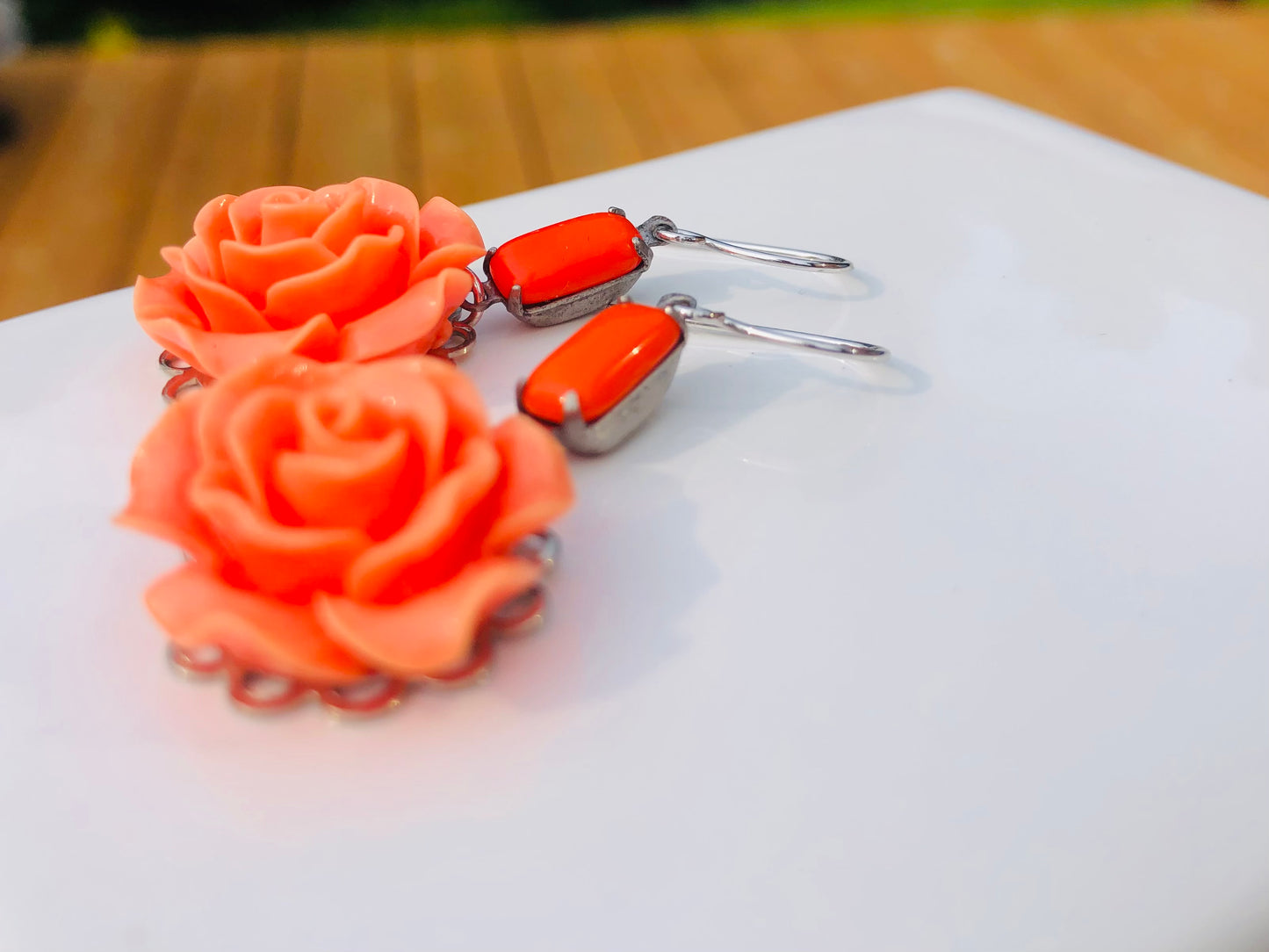 Bright Creamy Orange Flower Dangle Earrings with Vintage Stone Drop Stones