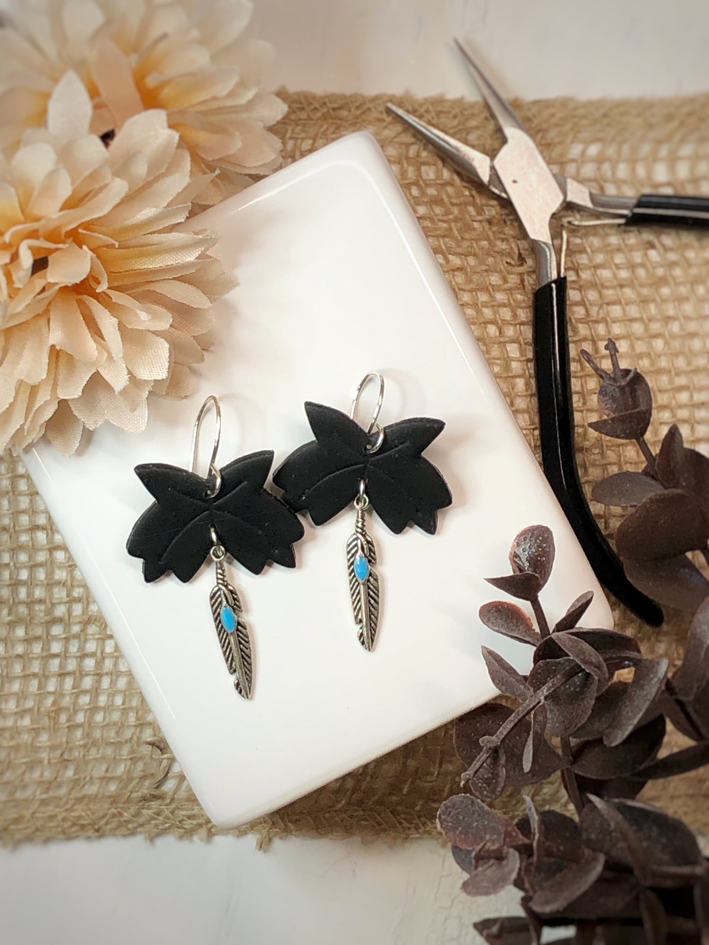 Black Bohemian & Silver Feather  Earrings