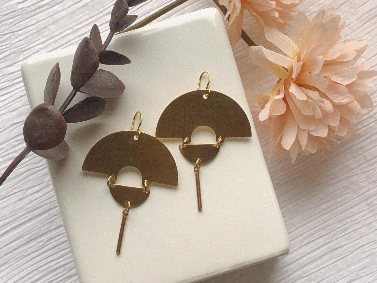 Gold Brass Geometric Statement Earrings, Lightweight Dangle Modern Dangles