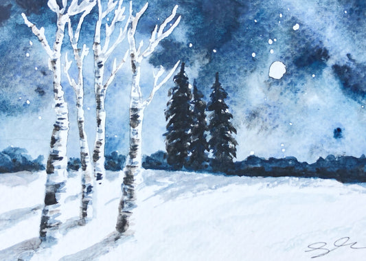 Winter Birches Painting, Winter Water Color, Birch Tree Art, Winter Wonderland